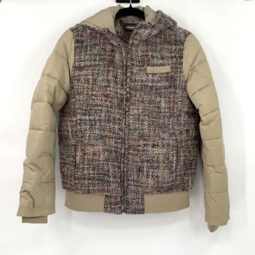 Members Only Green Brown Wool Blend Bomber Tweed Puffer Jacket Medium